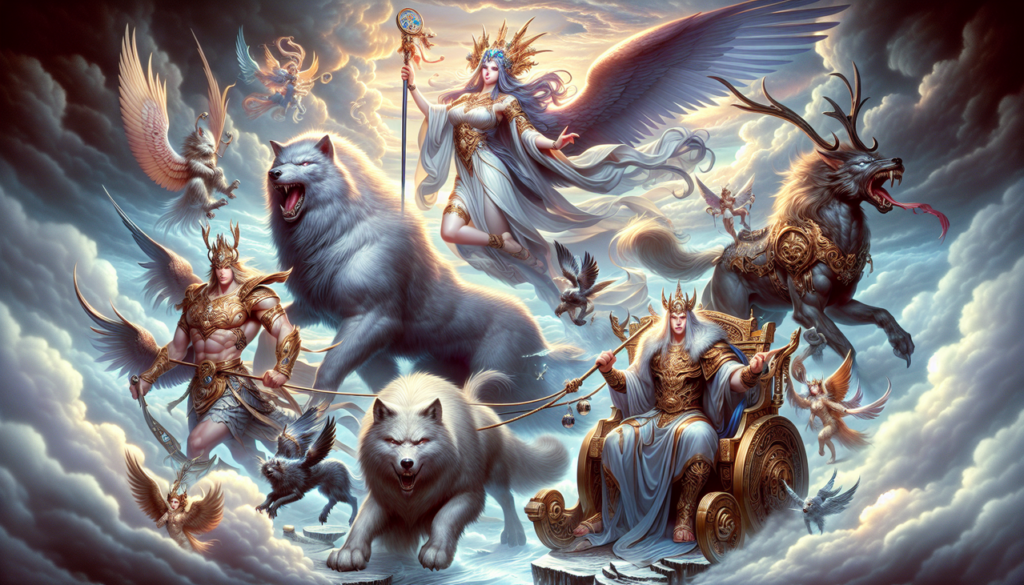 Image divine de dieux : Freyja, Fenrir, Fujin et Forseti, chacun avec une caractéristique en F, dans un panthéon majestueux.