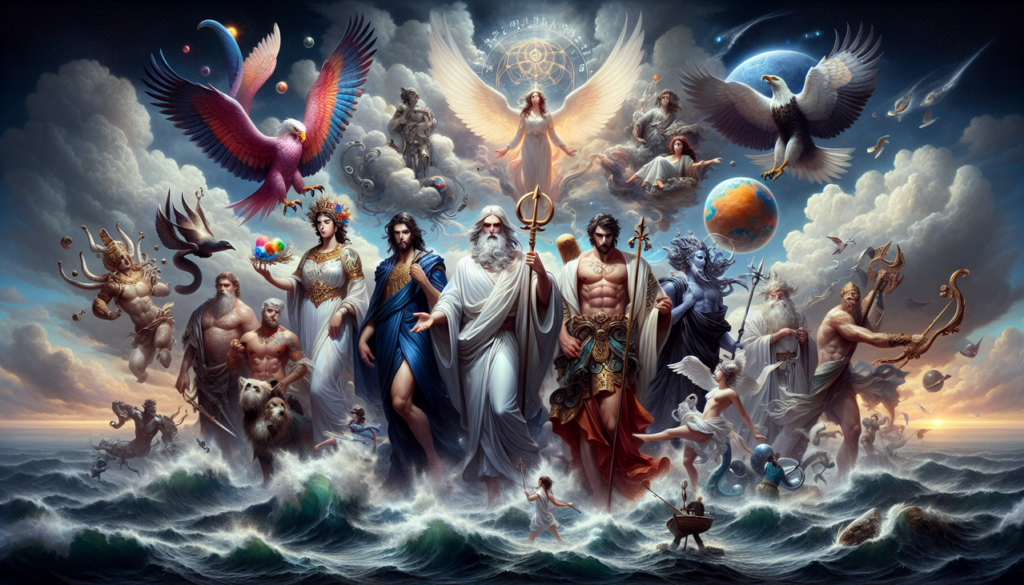 Dieu en J : Jupiter avec sa foudre, Juno avec son paon et Jinja le dieu japonais de la mer.
