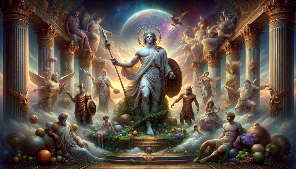Crée une image de dieu en M dans un hall majestueux sous un ciel céleste. Mettez en scène Morpheus, Mars, Maia et Máni.