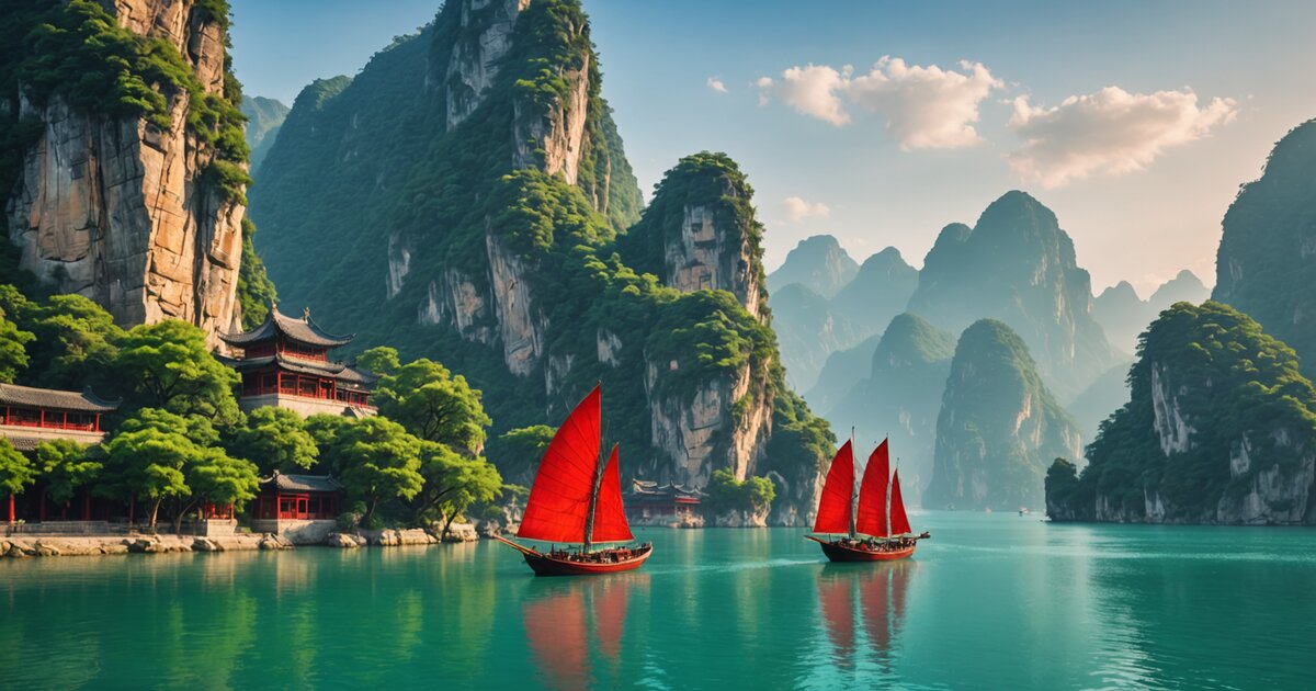 Junk chinois traditionnel naviguant près de paysages asiatiques, culture et voyage maritime