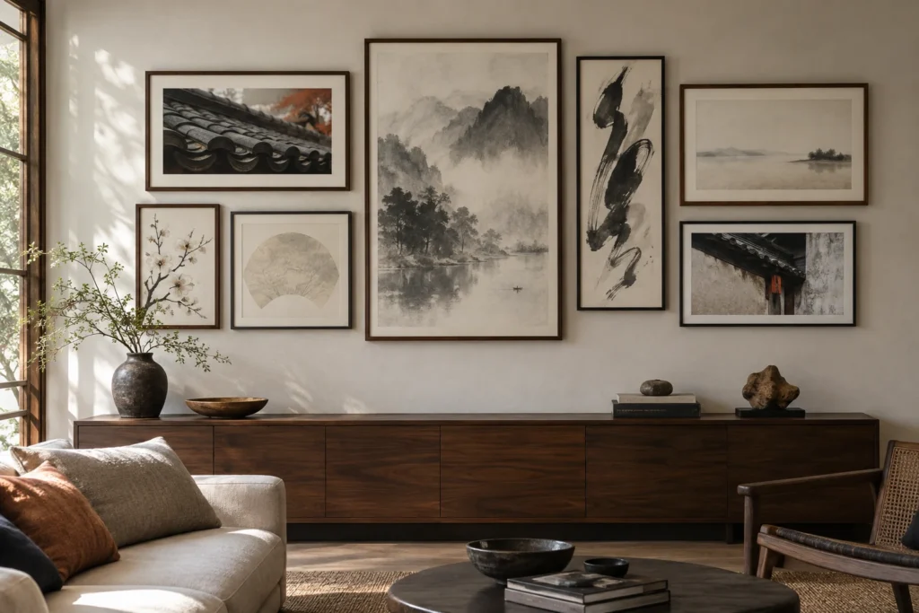 Sept cadres asymétriques aux paysages à l’encre et détails architecturaux au-dessus d’un buffet en bois