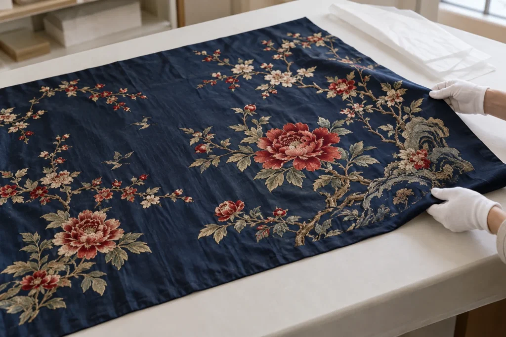 Soie bleu nuit brodée de pivoines soutenue à plat par des mains gantées