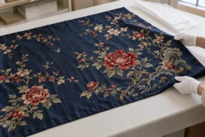 Soie bleu nuit brodée de pivoines soutenue à plat par des mains gantées
