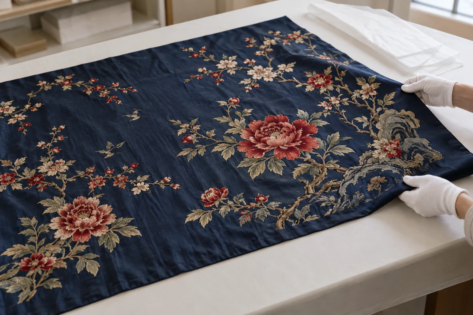 Soie bleu nuit brodée de pivoines soutenue à plat par des mains gantées