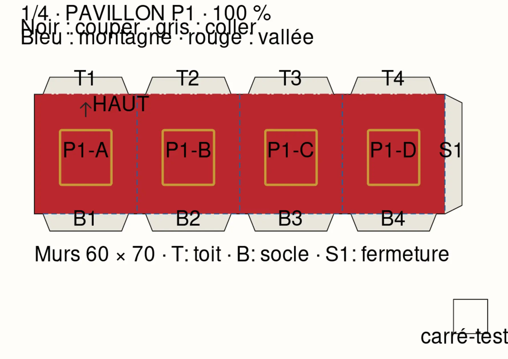 Patron A4 du pavillon inférieur avec quatre murs, languettes codées et lignes de pli.