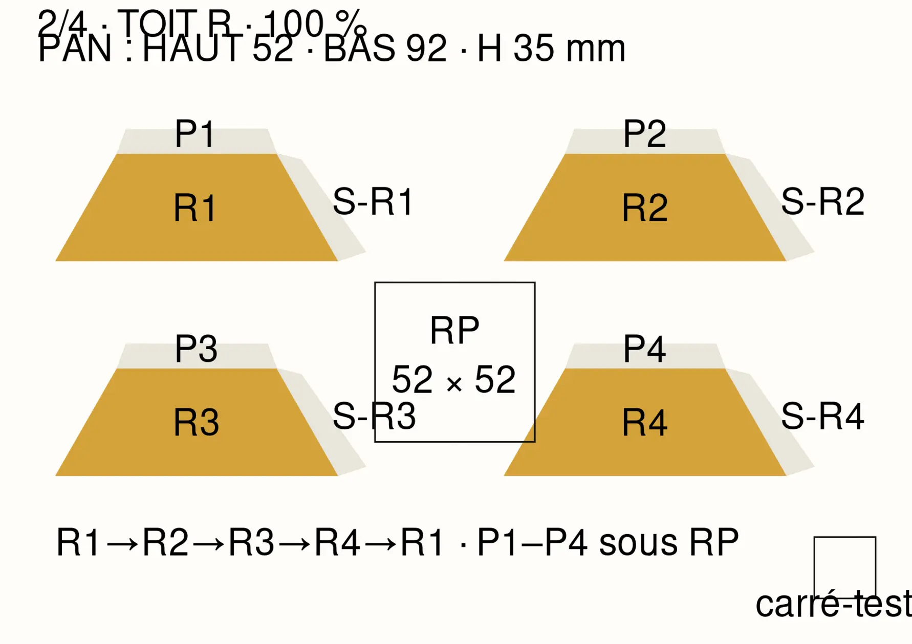 Patron A4 du toit inférieur composé de quatre trapèzes et d’un plateau carré.