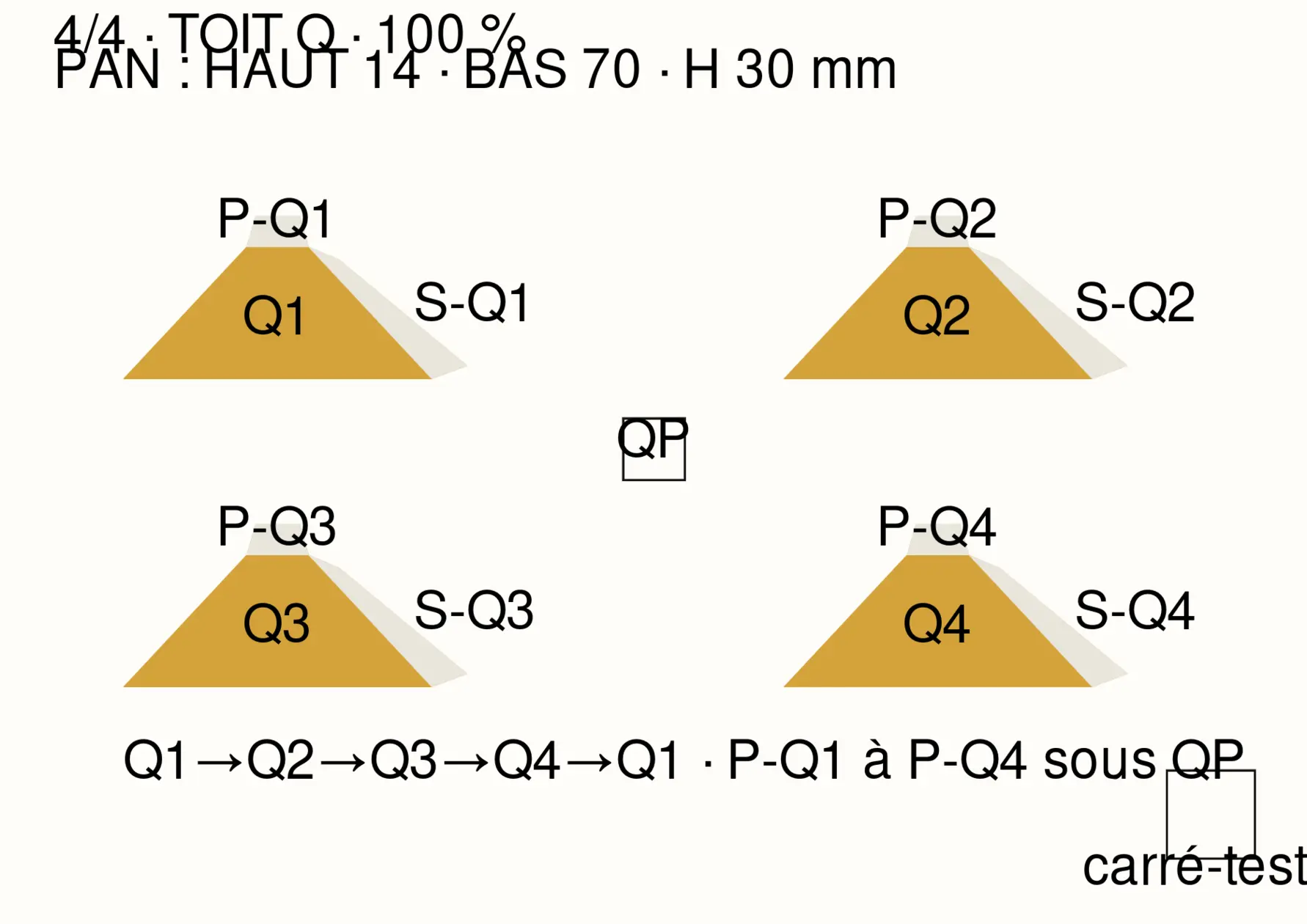 Patron A4 du toit supérieur avec quatre pans trapézoïdaux et un petit plateau.