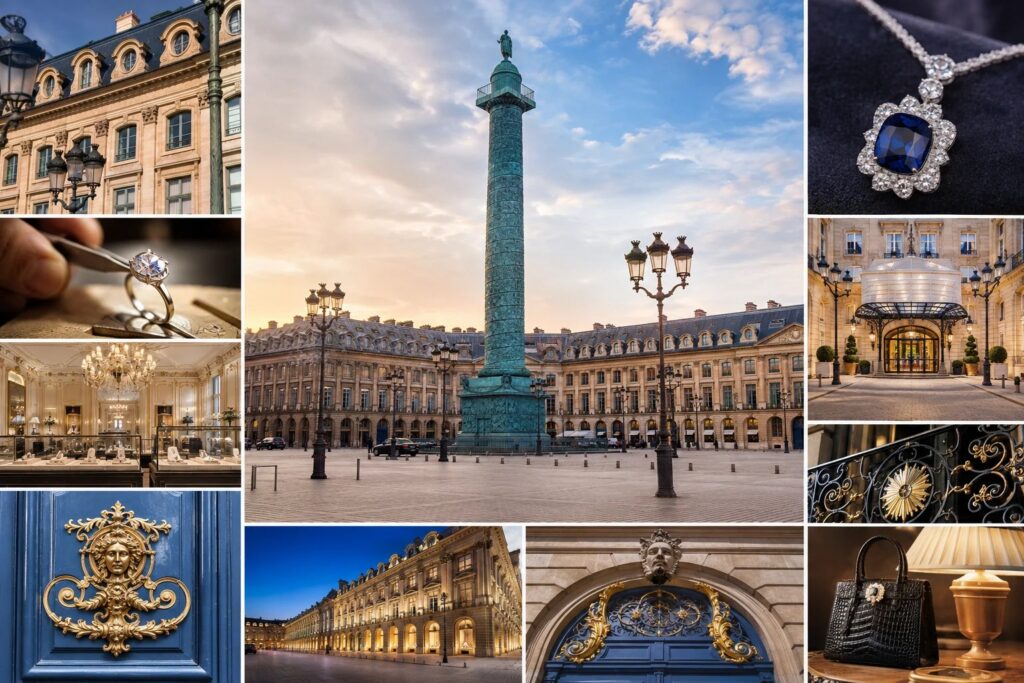 La place Vendôme à Paris, sa colonne centrale et ses façades classiques en arcades