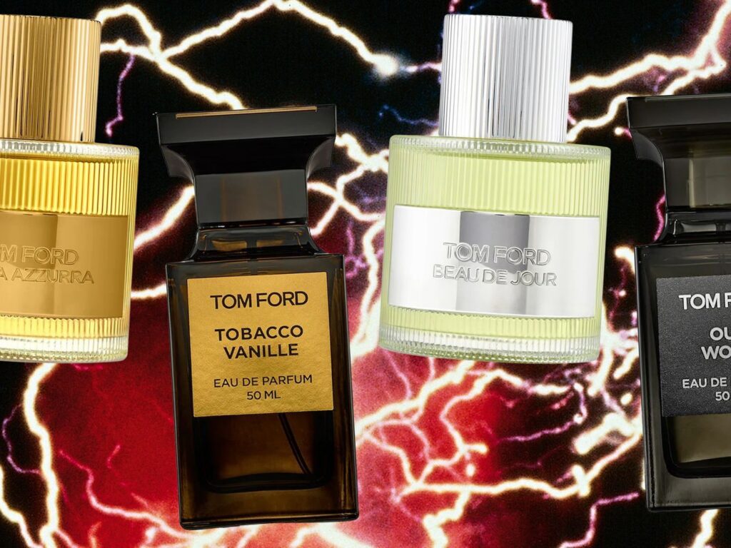 Flacon de parfum Tom Ford élégant sur fond raffiné