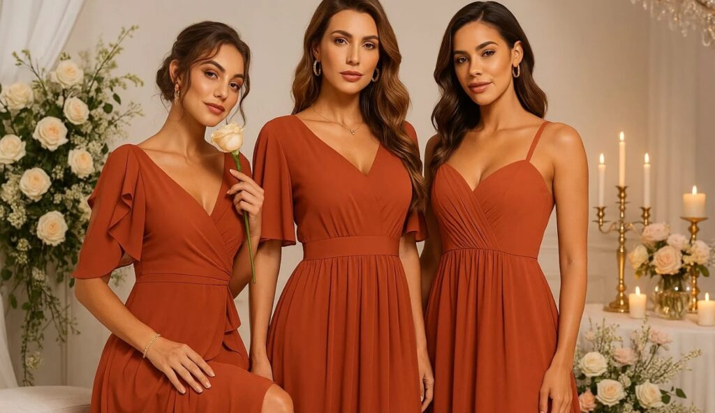 Femme portant une robe terracotta satinée de couleur terre cuite en lumière naturelle