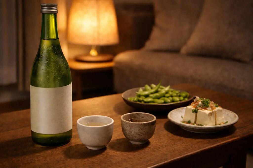 Bouteille de saké japonais et verre de dégustation sur une table élégante