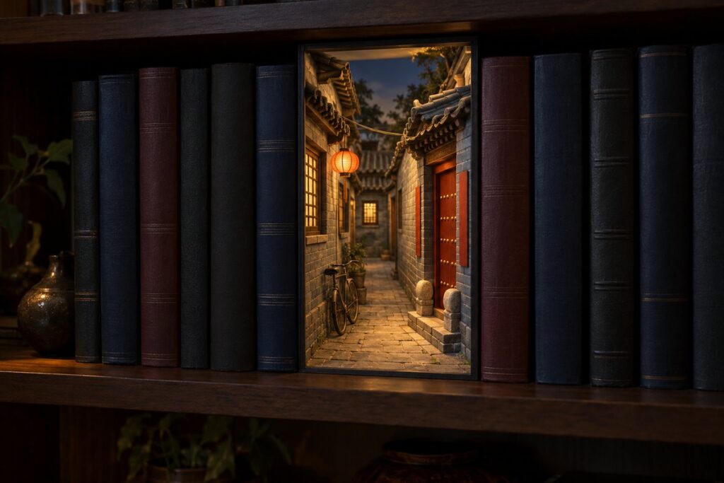Ruelle chinoise miniature éclairée en book nook entre des livres reliés sombres