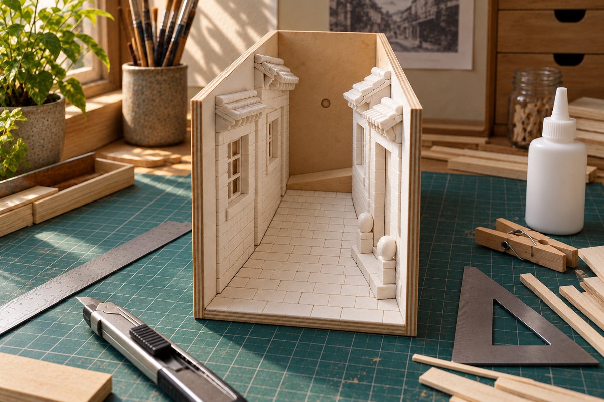 Carcasse de ruelle miniature en contreplaqué avec façades en perspective forcée