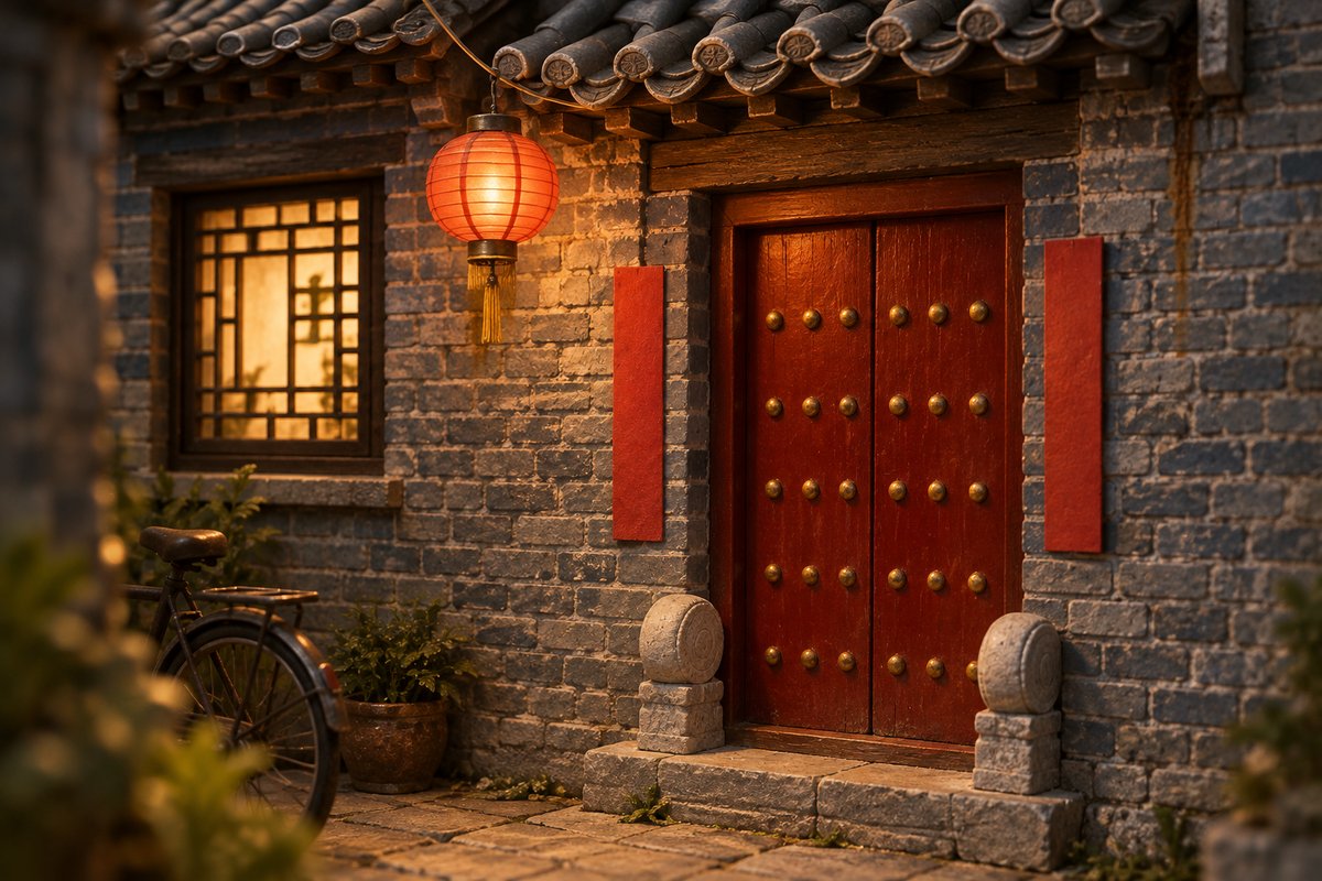 Façade miniature de hutong avec porte rouge laquée, lanterne et brique grise