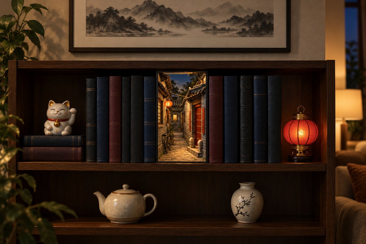 Bibliothèque décorée avec ruelle chinoise miniature, lanterne rouge et chat porte-bonheur