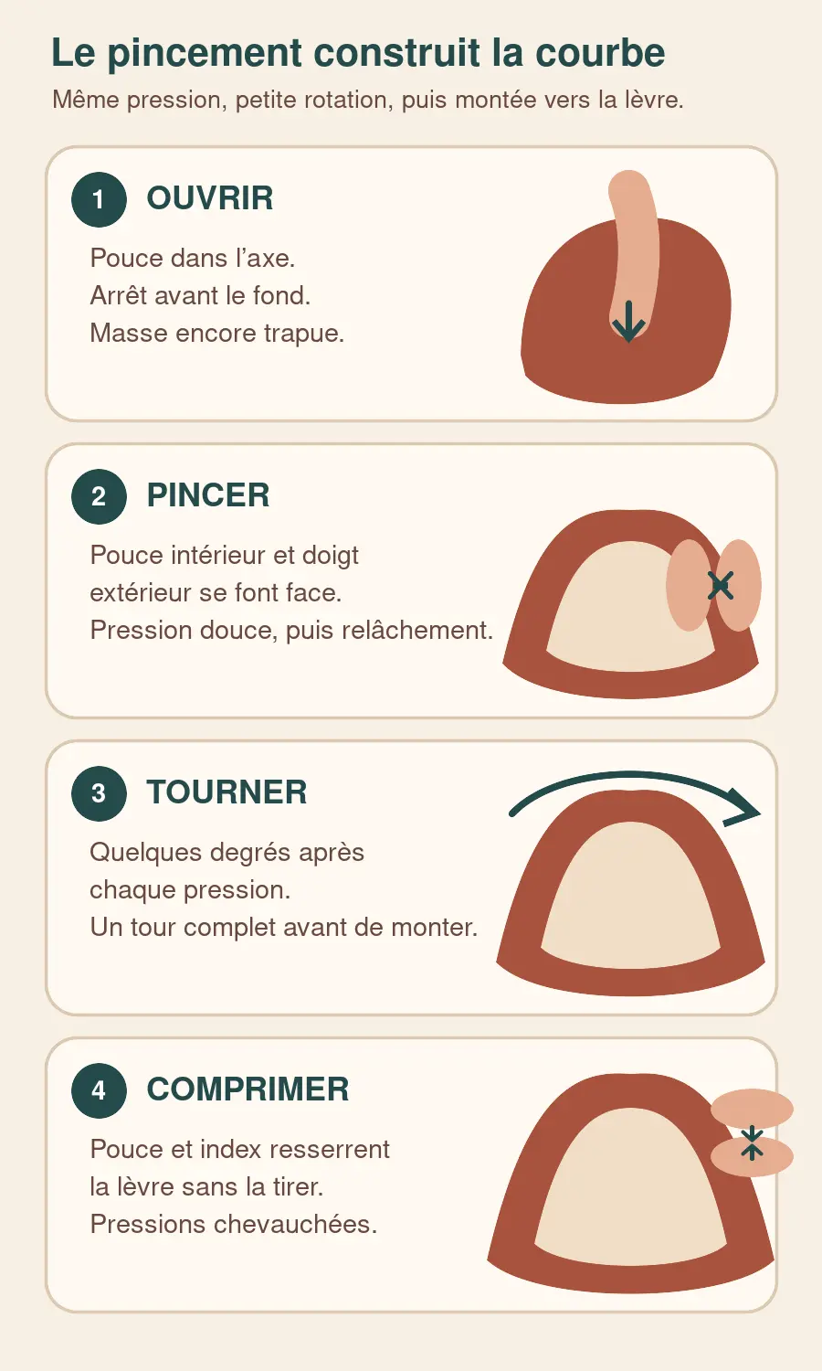 Quatre étapes du pincement d’un bol, de l’ouverture au pouce à la compression de la lèvre